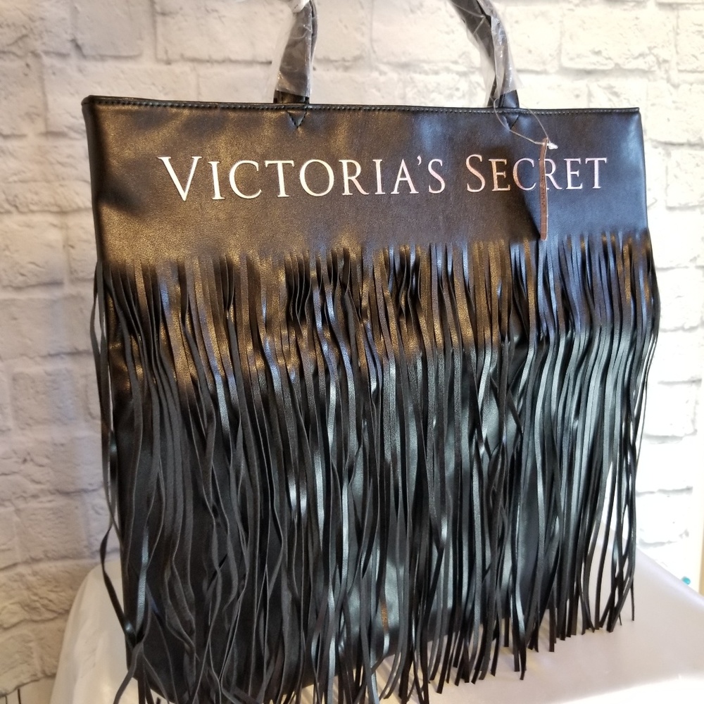 Victoria's Secret Fringe Black Vegan Leather Tote Bag New